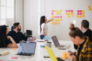 A group business coaching session utilizing a kanban board